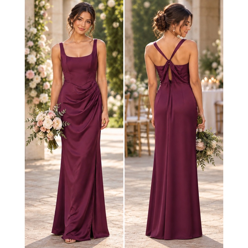 Azazie Cabernet Stretch Satin Bridesmaid Dress Size 12 Side Ruched Elegant Maxi